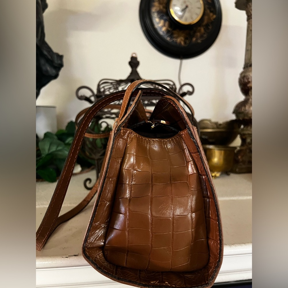 Divina Firenze  Brown Tan Leather Crocodile Embossed Handbag Purse - Picture 5 of 9